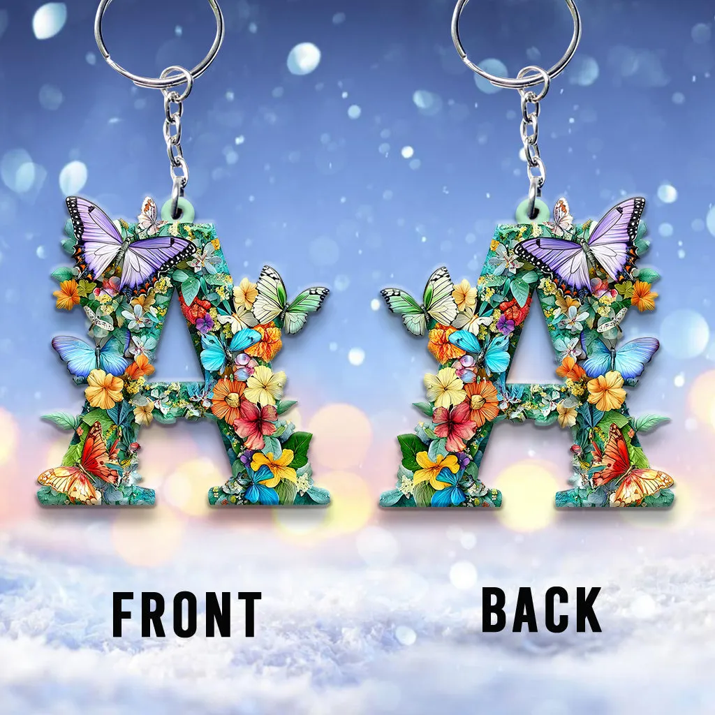 Flowers And Butterflies Letter - Personalized Butterfly Keychain