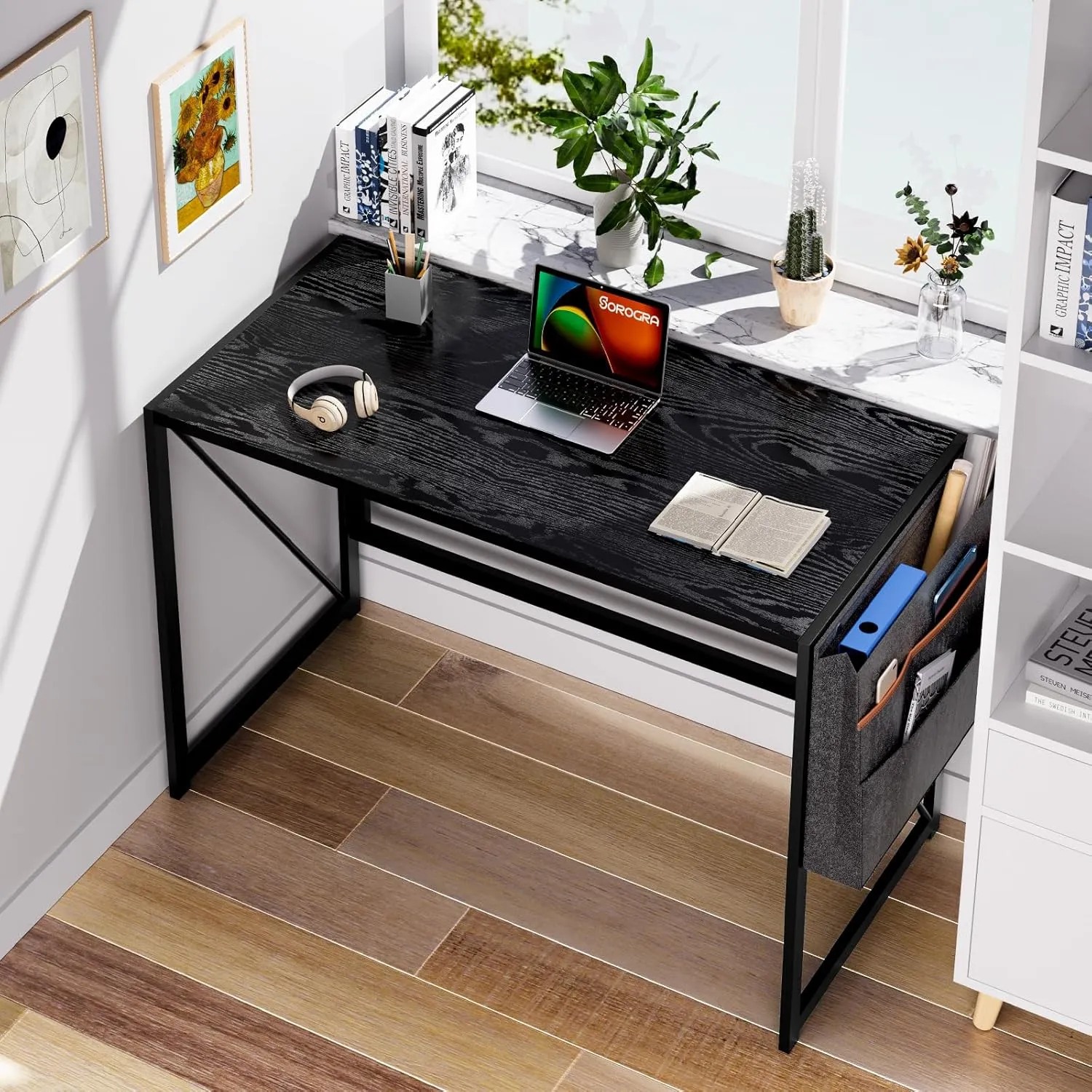 Folding Desk with Storage Pocket for Small Spaces, 39.4 Inch Foldable Desk with Headphone Hook for Bedroom Home Office, Portable Writing Table, Easy Assembly, Black