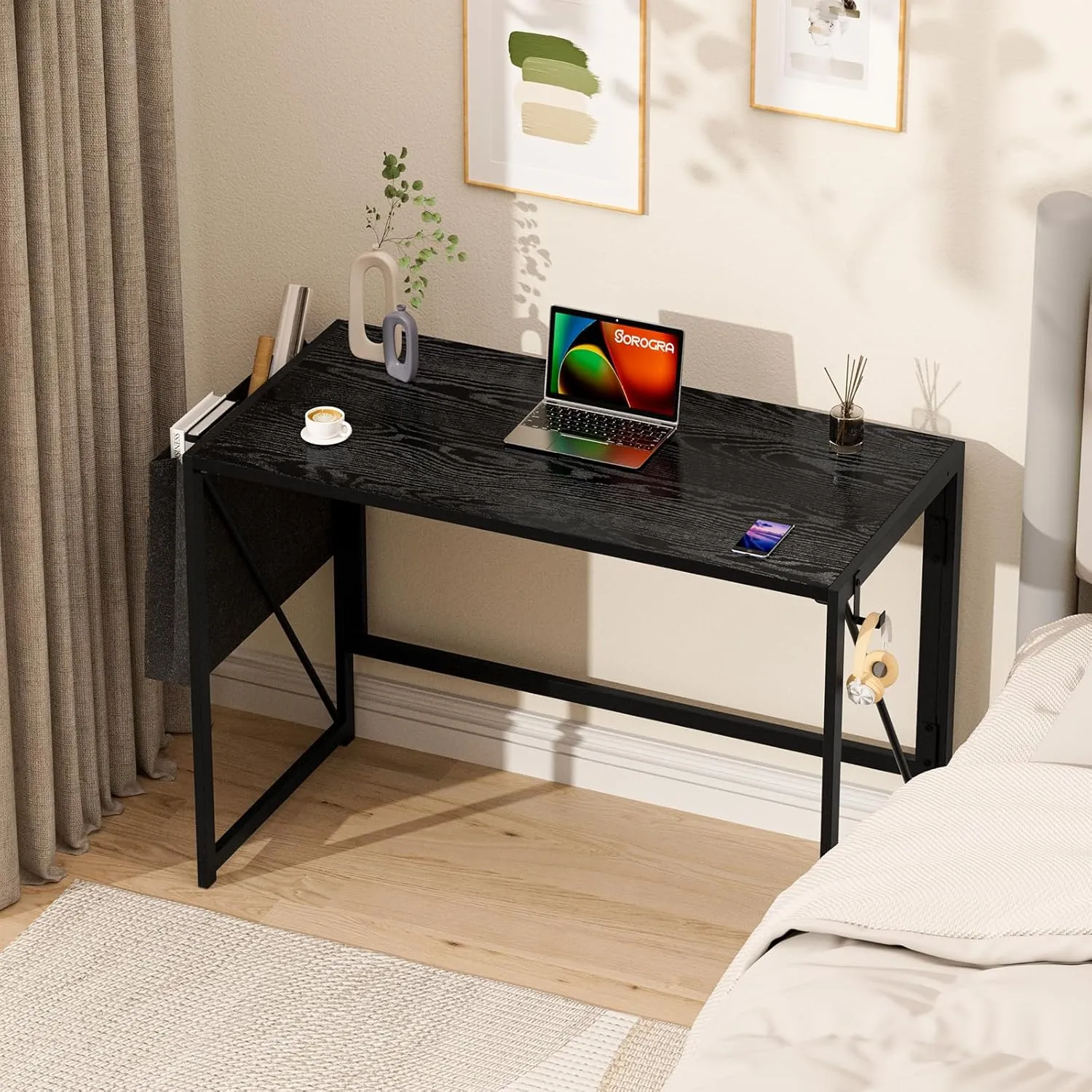 Folding Desk with Storage Pocket for Small Spaces, 39.4 Inch Foldable Desk with Headphone Hook for Bedroom Home Office, Portable Writing Table, Easy Assembly, Black