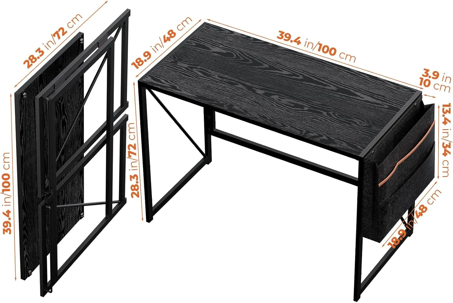 Folding Desk with Storage Pocket for Small Spaces, 39.4 Inch Foldable Desk with Headphone Hook for Bedroom Home Office, Portable Writing Table, Easy Assembly, Black