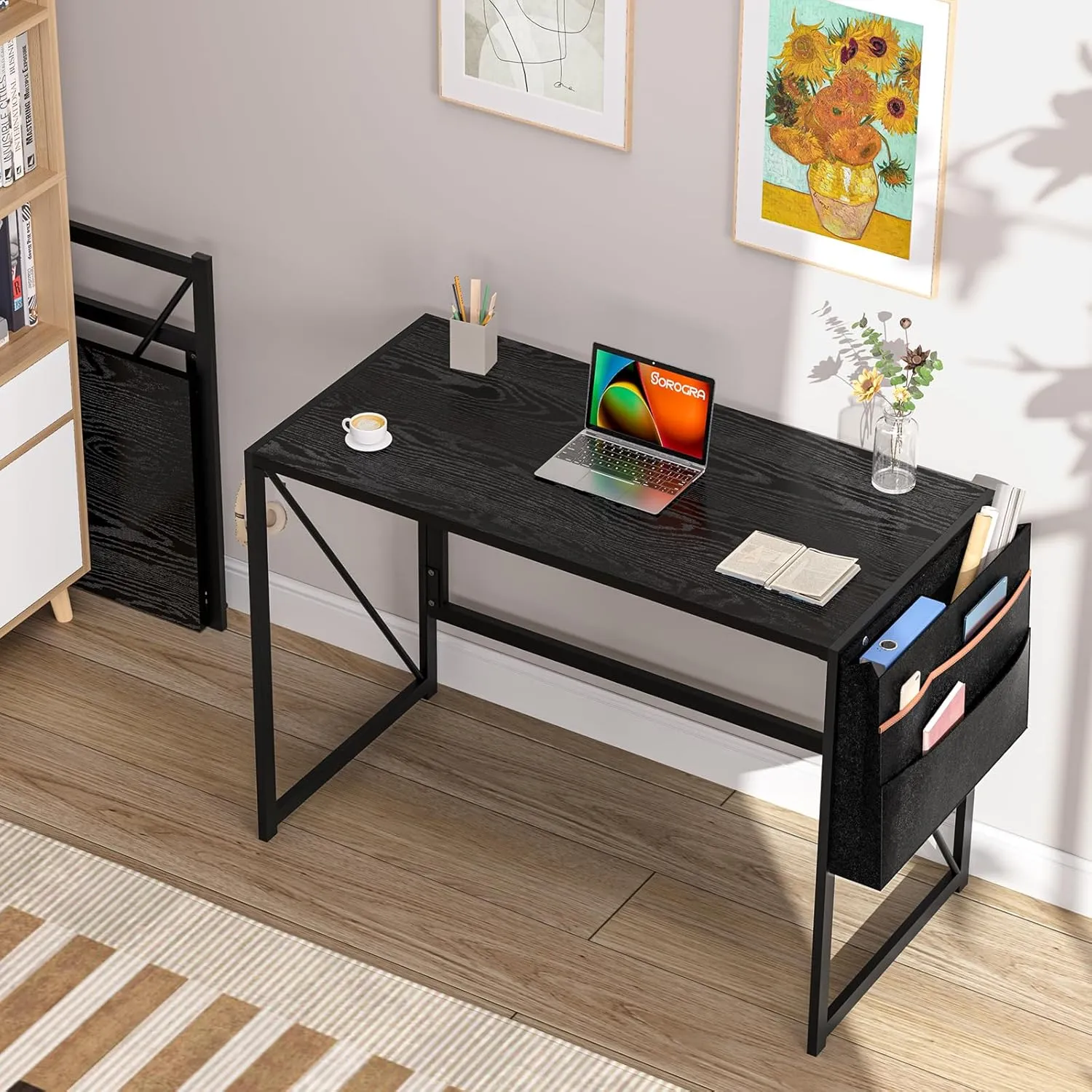 Folding Desk with Storage Pocket for Small Spaces, 39.4 Inch Foldable Desk with Headphone Hook for Bedroom Home Office, Portable Writing Table, Easy Assembly, Black