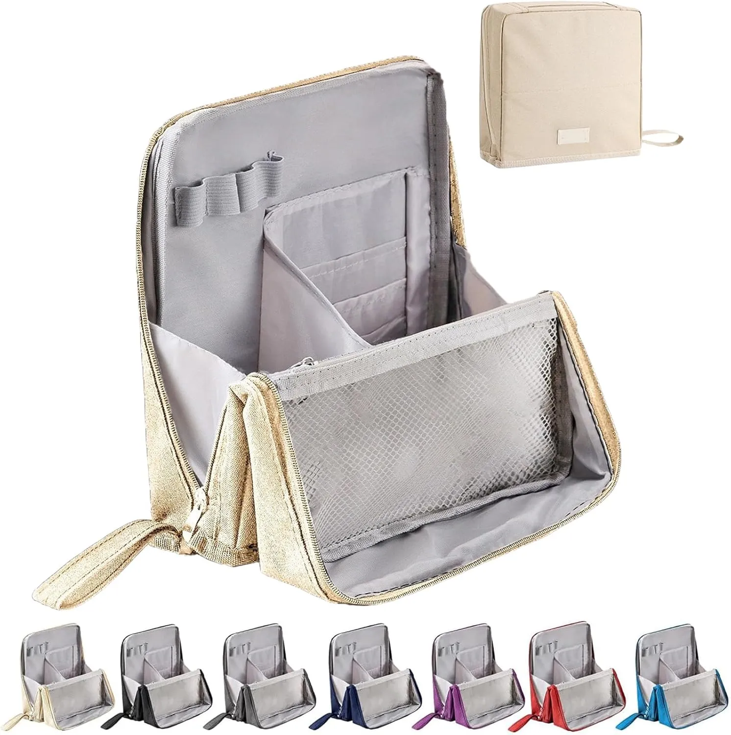 FOLENZU Relevanton Standing Makeup Bag, Standing Makeup Bag Portable, Portable Large Capacity, Large Capacity Waterproof Multifunctional Make Up Bags, With Compartments (Beige)