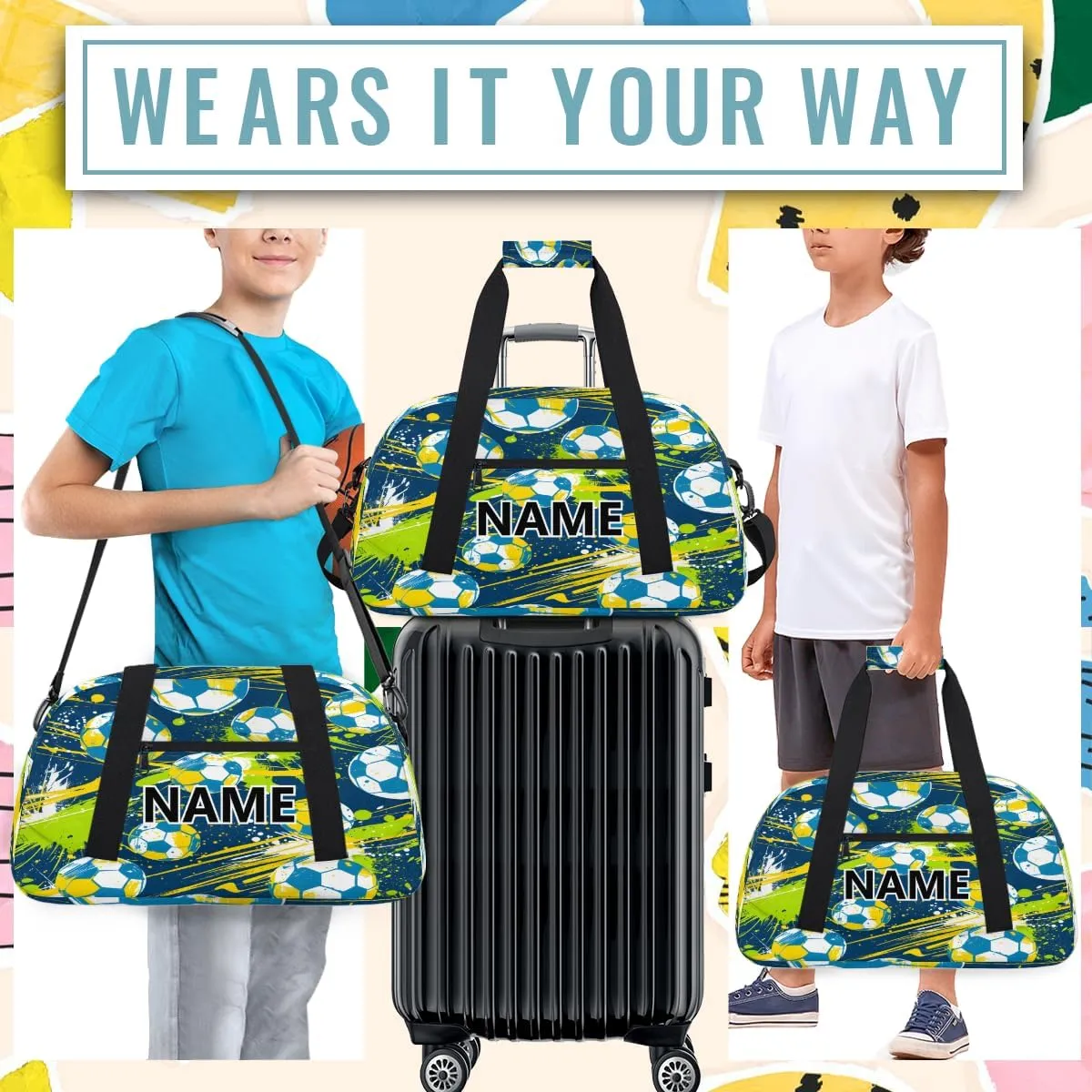 Football Custom Small Gym Bag 18 inch for Women Men Personalized Cool Soccer Carry On Overnight Weekender Bag for Travel Work Dance Sport