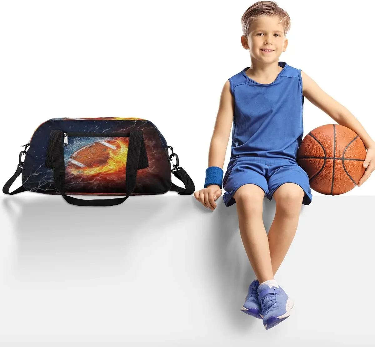 Football Kids Duffel Bag for Girls Boys Teens, Burning Football Oil Painting Dance Bag Overnight Small Duffel Bag Carry On Weekend Sports Gym Travel Bag for School Practice Gymnastics Ballet
