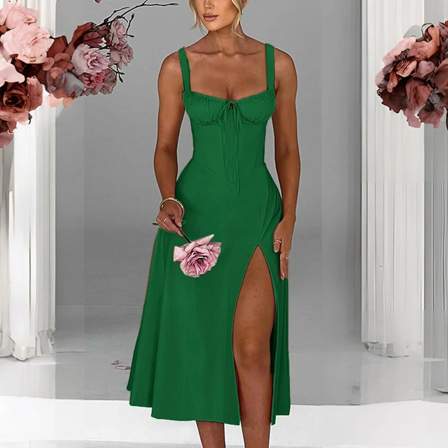 Formal Prom Party Dresses for Women Sexy Split High Waist Elegant Spaghetti Strap Corset Maxi Dress Flowy Evening Dress