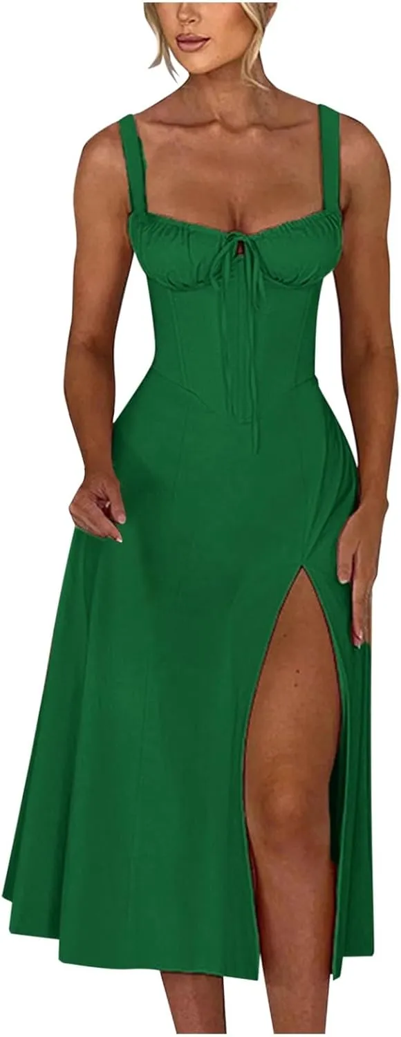 Formal Prom Party Dresses for Women Sexy Split High Waist Elegant Spaghetti Strap Corset Maxi Dress Flowy Evening Dress