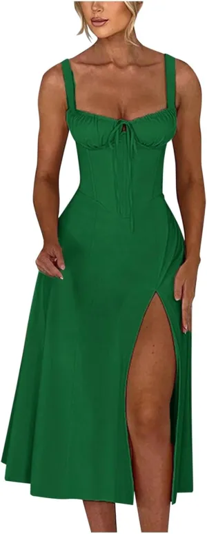 Formal Prom Party Dresses for Women Sexy Split High Waist Elegant Spaghetti Strap Corset Maxi Dress Flowy Evening Dress