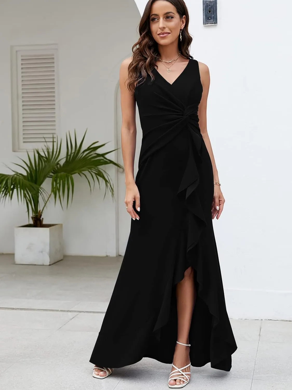 FQA Formal Evening Dresses for Women Elegant Evening Party Prom Dress Long Sexy V Neck Sleeveless Split Wrap