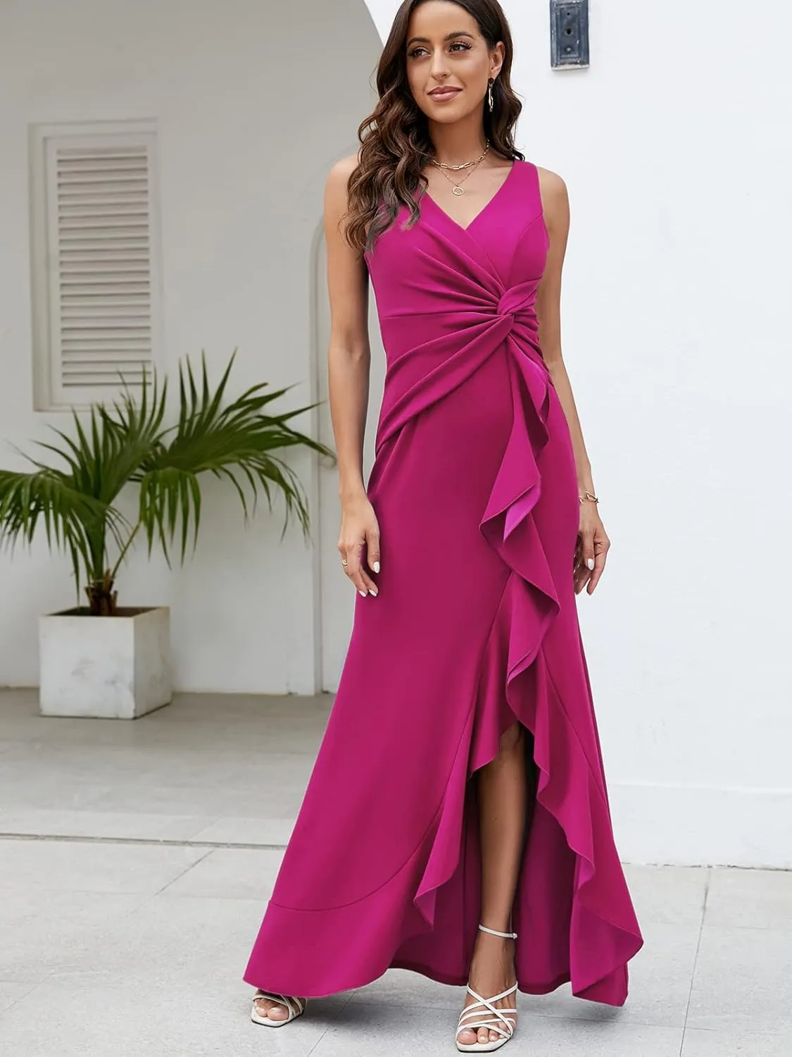 FQA Formal Evening Dresses for Women Elegant Evening Party Prom Dress Long Sexy V Neck Sleeveless Split Wrap