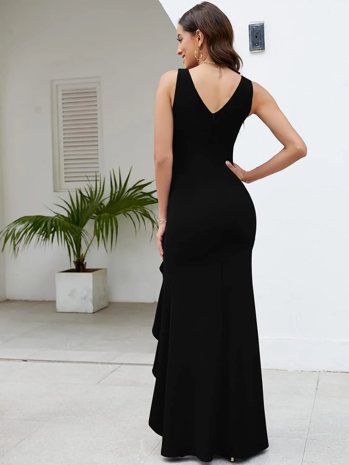 FQA Formal Evening Dresses for Women Elegant Evening Party Prom Dress Long Sexy V Neck Sleeveless Split Wrap