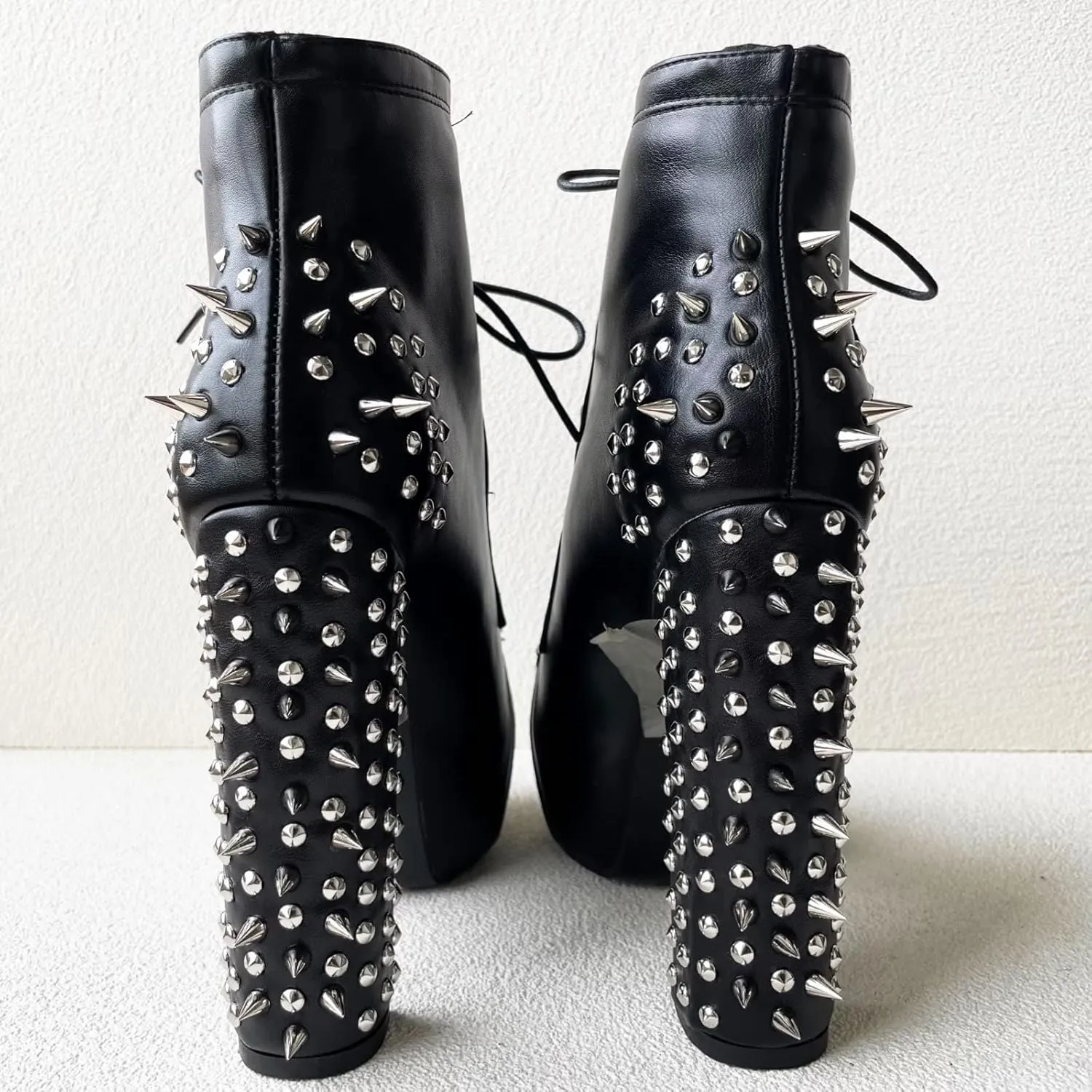 Frankie Hsu Fashion Halloween Goth Metal Rivets Platform Chunky Modern Cool Girl Style Large Big Size Black Lace Up Block High Heels Ankle Short Bootie for Women