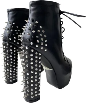 Frankie Hsu Fashion Halloween Goth Metal Rivets Platform Chunky Modern Cool Girl Style Large Big Size Black Lace Up Block High Heels Ankle Short Bootie for Women