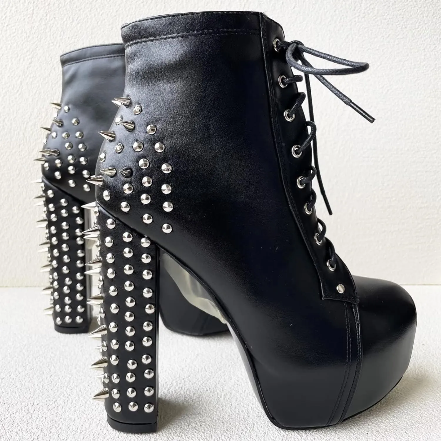 Frankie Hsu Fashion Halloween Goth Metal Rivets Platform Chunky Modern Cool Girl Style Large Big Size Black Lace Up Block High Heels Ankle Short Bootie for Women