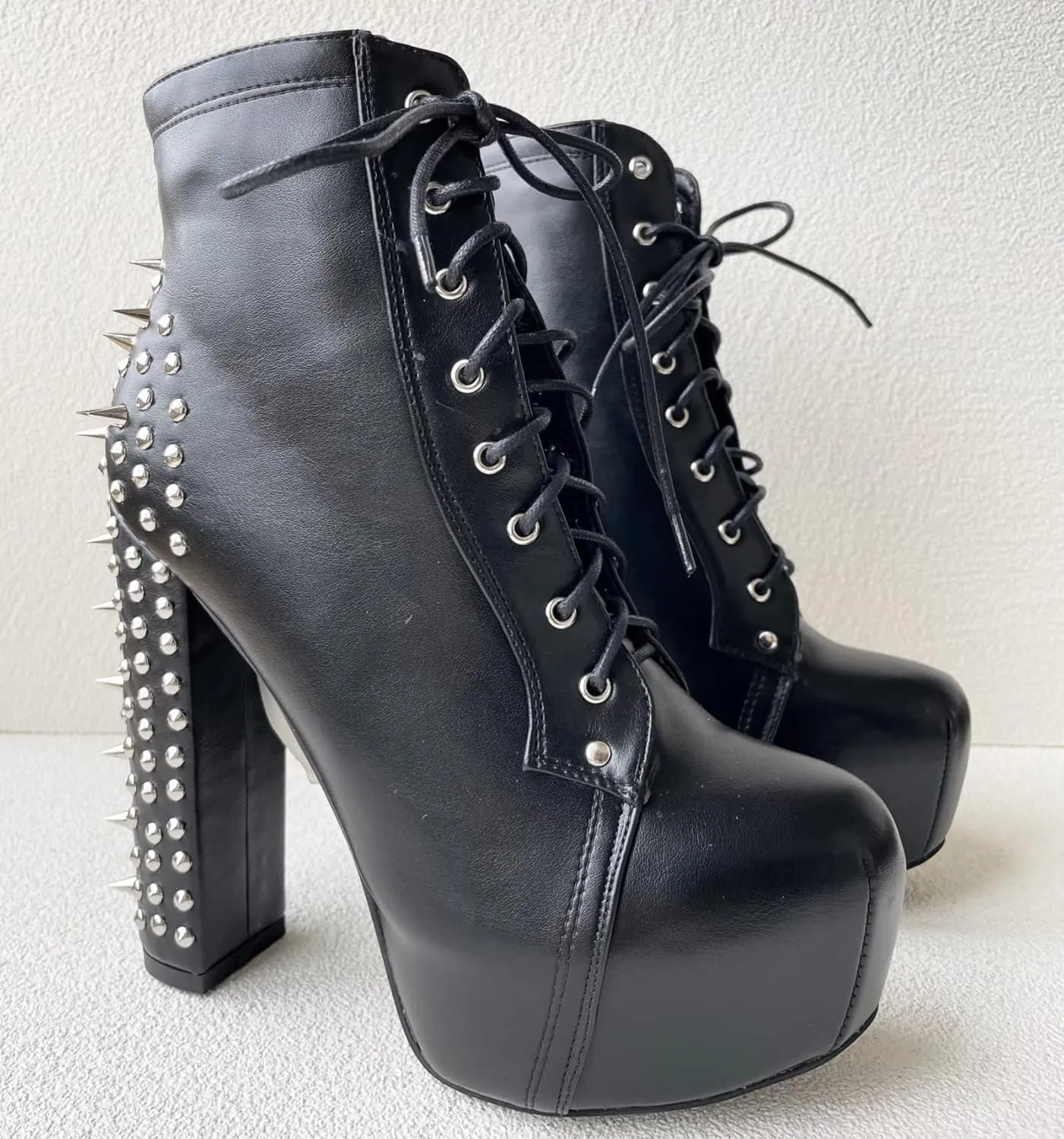 Frankie Hsu Fashion Halloween Goth Metal Rivets Platform Chunky Modern Cool Girl Style Large Big Size Black Lace Up Block High Heels Ankle Short Bootie for Women