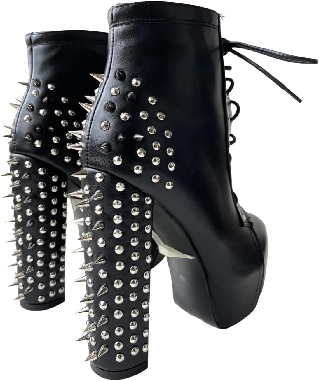 Frankie Hsu Fashion Halloween Goth Metal Rivets Platform Chunky Modern Cool Girl Style Large Big Size Black Lace Up Block High Heels Ankle Short Bootie for Women