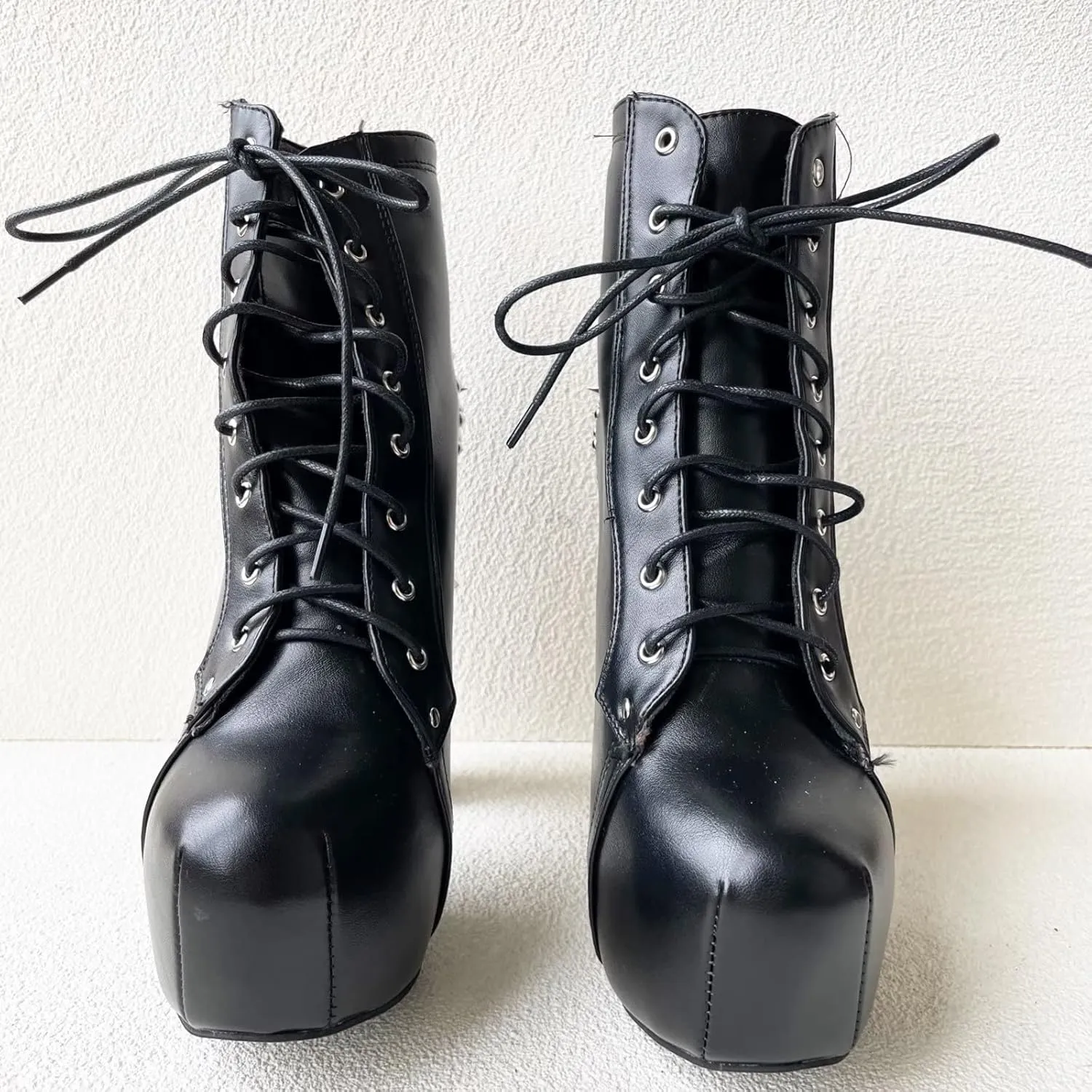 Frankie Hsu Fashion Halloween Goth Metal Rivets Platform Chunky Modern Cool Girl Style Large Big Size Black Lace Up Block High Heels Ankle Short Bootie for Women