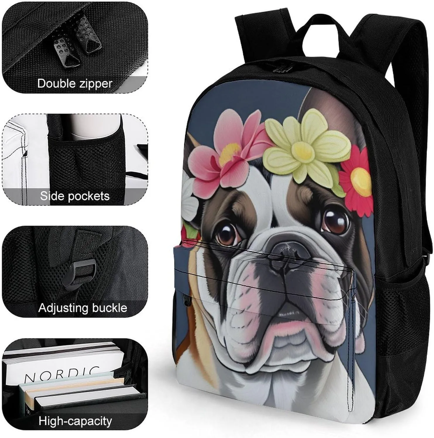 French Bulldog Head With Flowers Art Rucksacks Lightweight Multipurpose Anti-Theft Shoulder Bag Large Capacity Business Computer Bag With Smooth Zippers