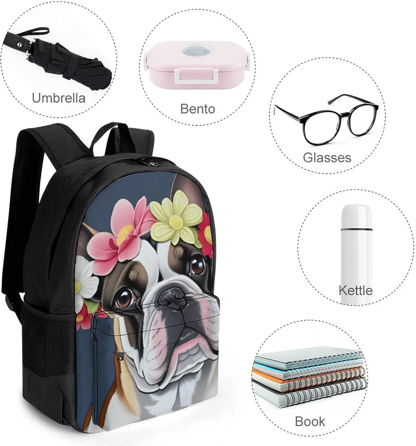 French Bulldog Head With Flowers Art Rucksacks Lightweight Multipurpose Anti-Theft Shoulder Bag Large Capacity Business Computer Bag With Smooth Zippers