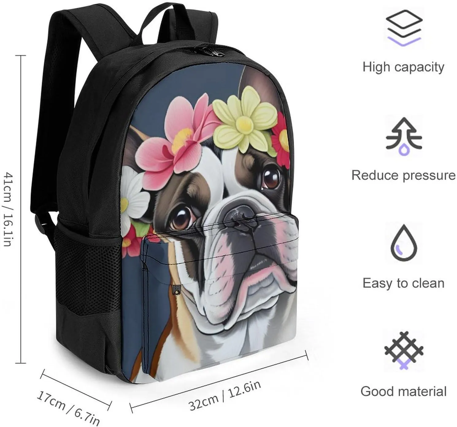 French Bulldog Head With Flowers Art Rucksacks Lightweight Multipurpose Anti-Theft Shoulder Bag Large Capacity Business Computer Bag With Smooth Zippers