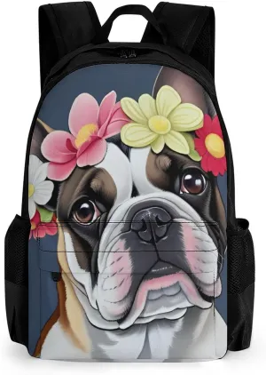 French Bulldog Head With Flowers Art Rucksacks Lightweight Multipurpose Anti-Theft Shoulder Bag Large Capacity Business Computer Bag With Smooth Zippers