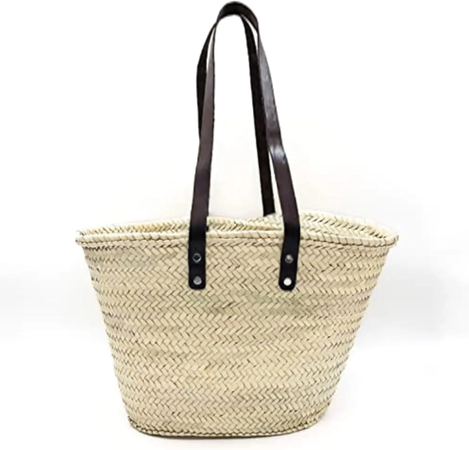 French Market Basket – Woven Palm Leaf Tote with Black Leather Handles, Beach, Picnic & Shopping Straw Bag, Rustic Boho Chic
