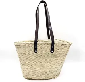 French Market Basket – Woven Palm Leaf Tote with Black Leather Handles, Beach, Picnic & Shopping Straw Bag, Rustic Boho Chic