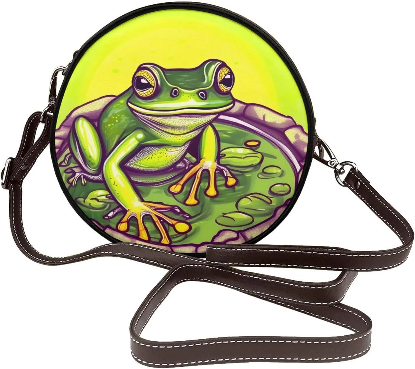 Frog In A Pond Removable Shoulder Strap Waterproof Leather Shoulder Round Bag Crossbody Bag Travel Shopping Dating Handbag Purse