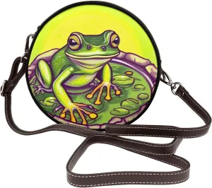 Frog In A Pond Removable Shoulder Strap Waterproof Leather Shoulder Round Bag Crossbody Bag Travel Shopping Dating Handbag Purse