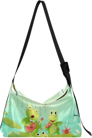 Frogs Playing Hobo Crossbody Bags for Women Leather Large Shoulder Bag Cross Body Lake Pond Trendy Womens Tote Bags Handbag for Travel Shopping