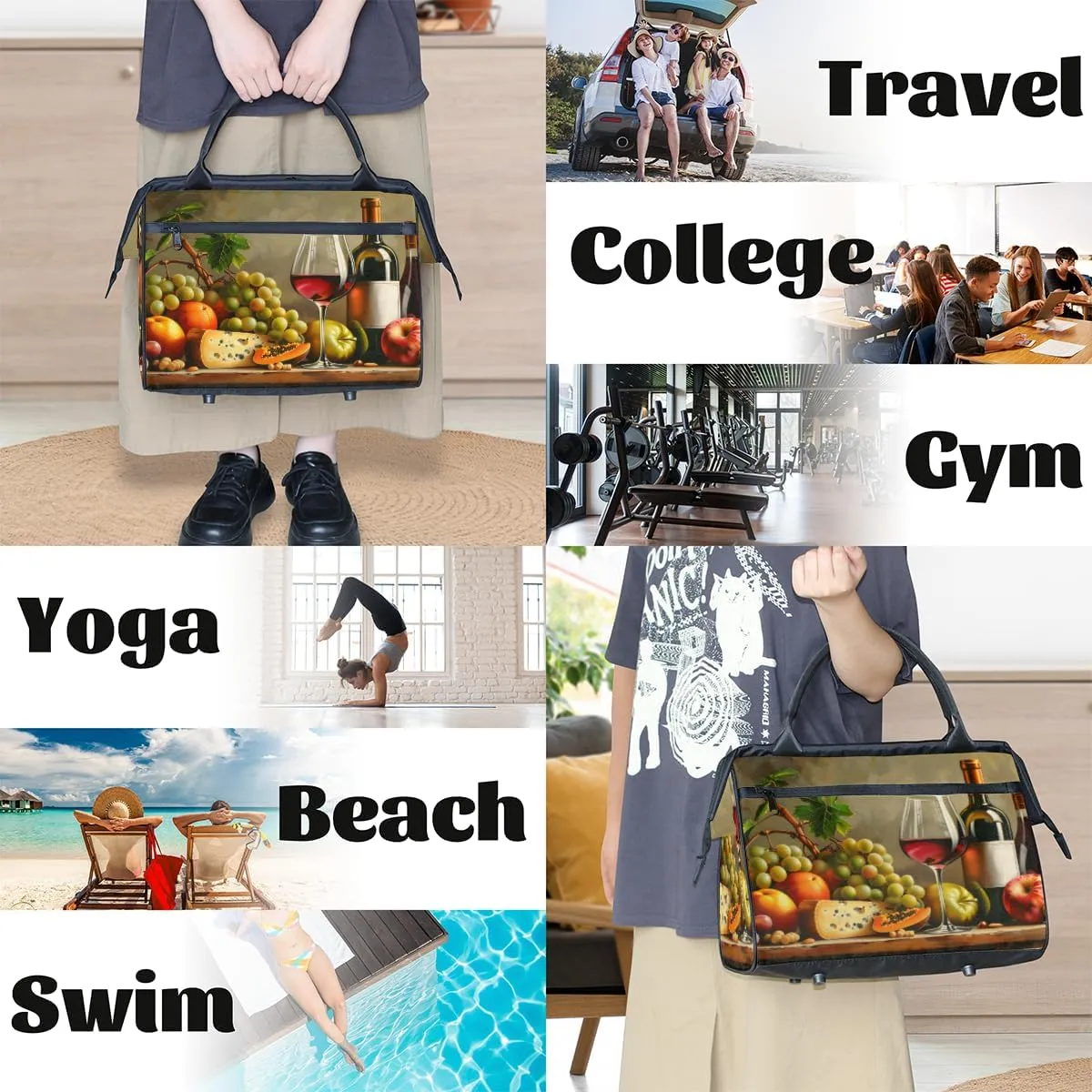Fruit Cheese Kitchen Wine Weekender Overnight Bag for Women Waterproof Carry On Travel Duffle Bags with Pocket Lightweight Sports Gym Tote Bag Large Luggage Workout Personal Item Hospital Bags