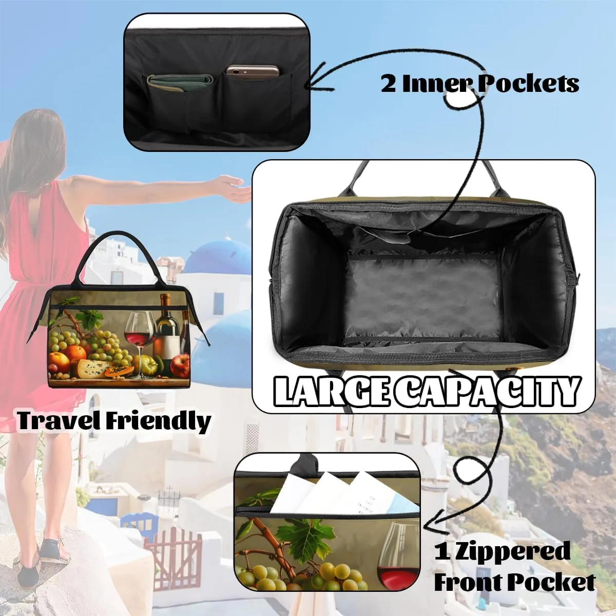 Fruit Cheese Kitchen Wine Weekender Overnight Bag for Women Waterproof Carry On Travel Duffle Bags with Pocket Lightweight Sports Gym Tote Bag Large Luggage Workout Personal Item Hospital Bags