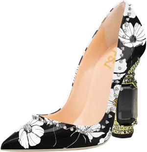 FSJ Women Bridal Pointed Toe Chunky Block High Heel Crystal Pumps Slip on Wedding Thick Comfort Evening Dress Studded Rivets Shoes Size 4-16 US