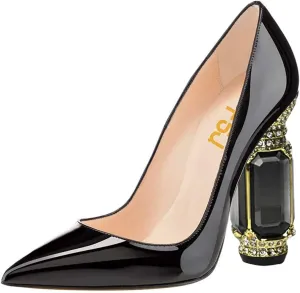 FSJ Women Bridal Pointed Toe Chunky High Heel Crystal Pumps Slip on Wedding Thick Comfort Unique Shoes Size 4-15 US