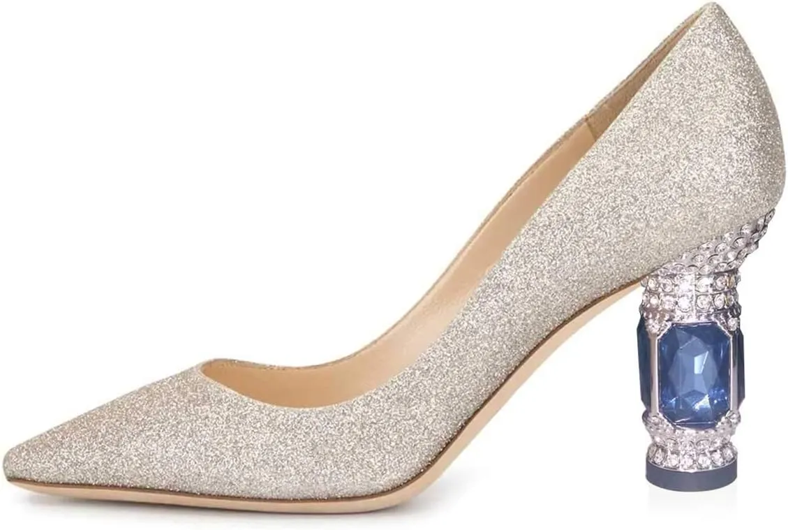 FSJ Women Bridal Pointed Toe Mid Low Heels Crystal Pumps Slip on Comfort Wedding Glitter Shoes