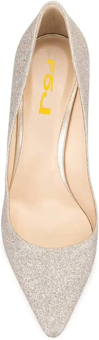 FSJ Women Bridal Pointed Toe Mid Low Heels Crystal Pumps Slip on Comfort Wedding Glitter Shoes