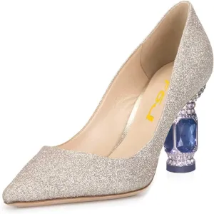 FSJ Women Bridal Pointed Toe Mid Low Heels Crystal Pumps Slip on Comfort Wedding Glitter Shoes