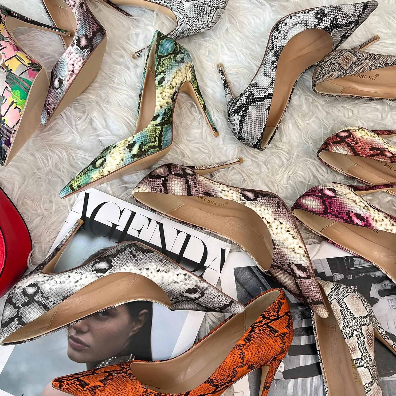 FSJ Women Classic Pointed Toe Snakeskin High Heels Pumps Slip on Stiletto Sparkling Animal Printing Sexy Lady Club Party Evening Dress Shoes Size 4-15 US