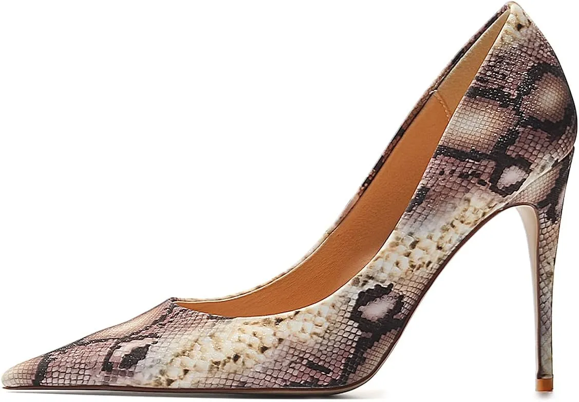 FSJ Women Classic Pointed Toe Snakeskin High Heels Pumps Slip on Stiletto Sparkling Animal Printing Sexy Lady Club Party Evening Dress Shoes Size 4-15 US