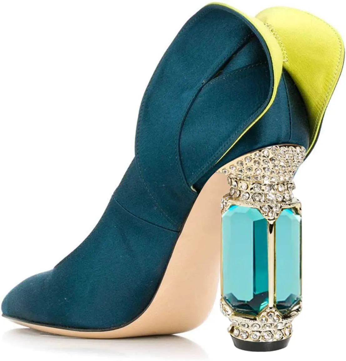 FSJ Women Graceful Satin Pumps Pointed Toe Crystal Chunky Block High Heels Slip On Curly Back Wedding Dress Evening Shoes Size 4-16 US