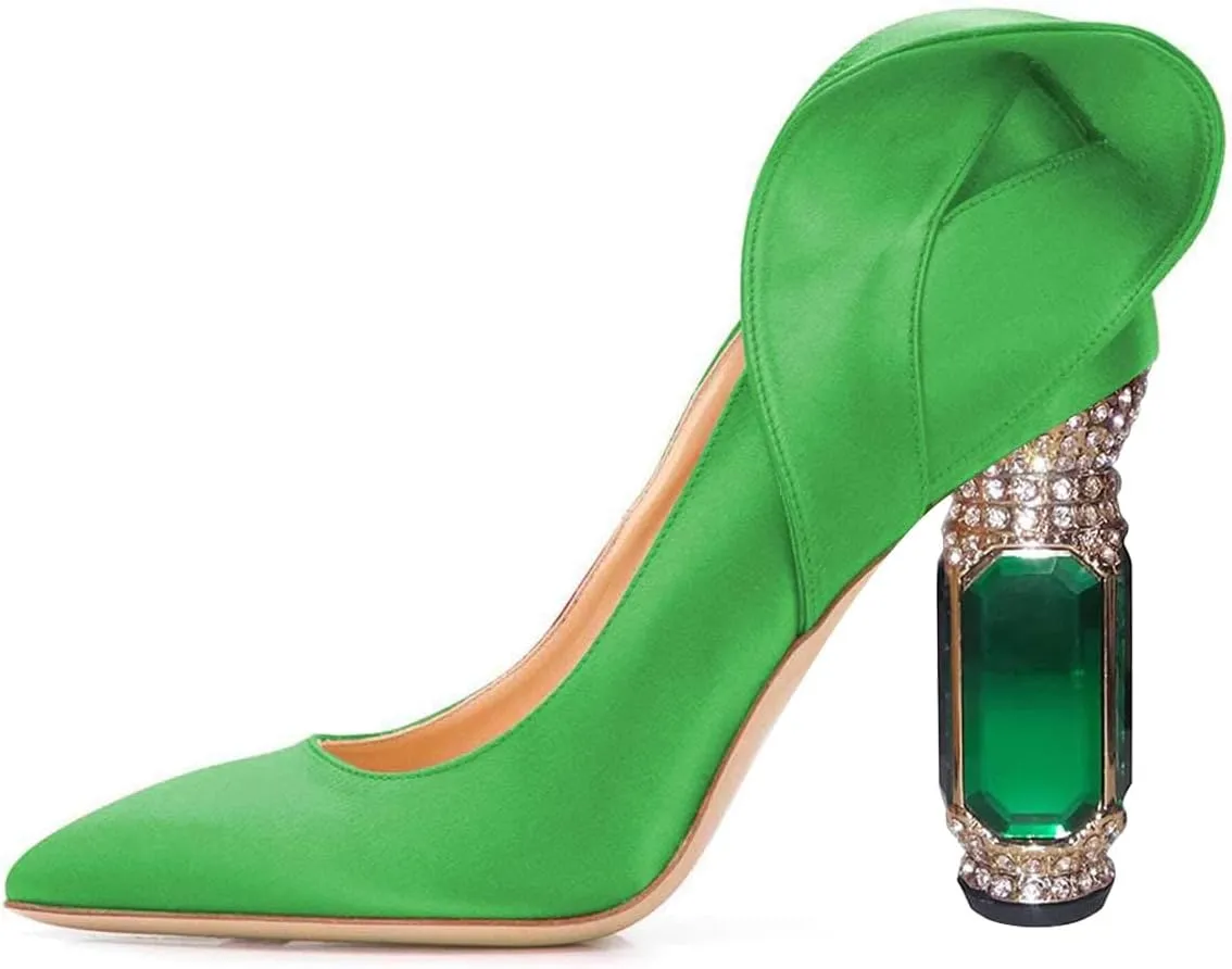 FSJ Women Graceful Satin Pumps Pointed Toe Crystal Chunky Block High Heels Slip On Curly Back Wedding Dress Evening Shoes Size 4-16 US