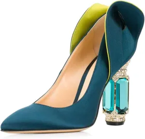 FSJ Women Graceful Satin Pumps Pointed Toe Crystal Chunky Block High Heels Slip On Curly Back Wedding Dress Evening Shoes Size 4-16 US
