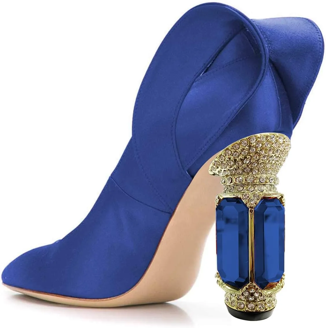FSJ Women Graceful Satin Pumps Pointed Toe Crystal Chunky Block High Heels Slip On Curly Back Wedding Dress Evening Shoes Size 4-16 US