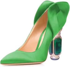 FSJ Women Graceful Satin Pumps Pointed Toe Crystal Chunky Block High Heels Slip On Curly Back Wedding Dress Evening Shoes Size 4-16 US