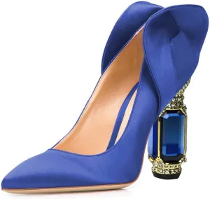 FSJ Women Graceful Satin Pumps Pointed Toe Crystal Chunky Block High Heels Slip On Curly Back Wedding Dress Evening Shoes Size 4-16 US