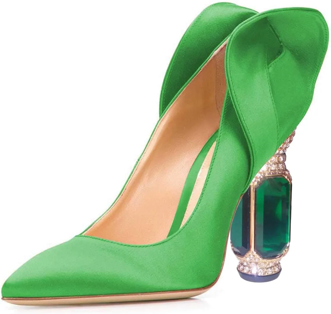 FSJ Women Graceful Satin Pumps Pointed Toe Crystal Chunky Block High Heels Slip On Curly Back Wedding Dress Evening Shoes Size 4-16 US