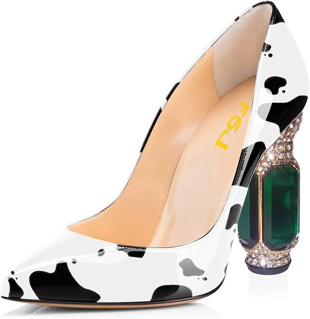 FSJ Women Printing Pump Chunky High Crystal Heels Pump Colorful Closed Pointed Toe Bridal Party Dress Shoe Size 4-15 US