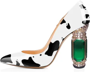 FSJ Women Printing Pump Chunky High Crystal Heels Pump Colorful Closed Pointed Toe Bridal Party Dress Shoe Size 4-15 US