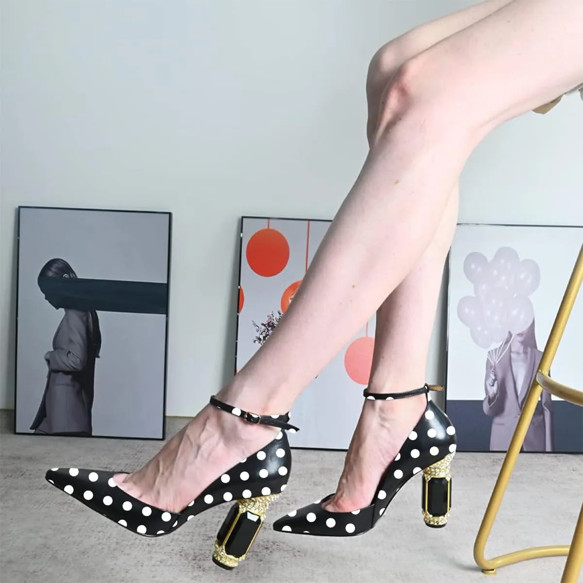 FSJ Women's Comfortable Block High Heels Pointed Toe Rhinestone Pumps Ankle Strap Leather Ladies Party Dress Shoes Size 4-15 Us
