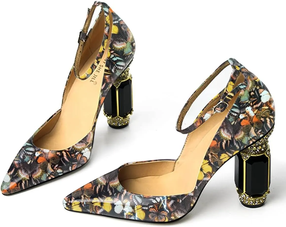 FSJ Women's Comfortable Block High Heels Pointed Toe Rhinestone Pumps Ankle Strap Leather Ladies Party Dress Shoes Size 4-15 Us