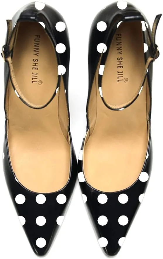 FSJ Women's Comfortable Block High Heels Pointed Toe Rhinestone Pumps Ankle Strap Leather Ladies Party Dress Shoes Size 4-15 Us